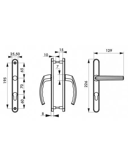 Poignée de porte Sultane 235x25 c7x70mm trou de cylindre argent f1