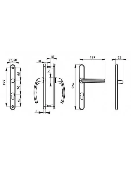 Poignée de porte Sultane 235x25 c7x70mm trou de cylindre béquille saillie réduite inox f9