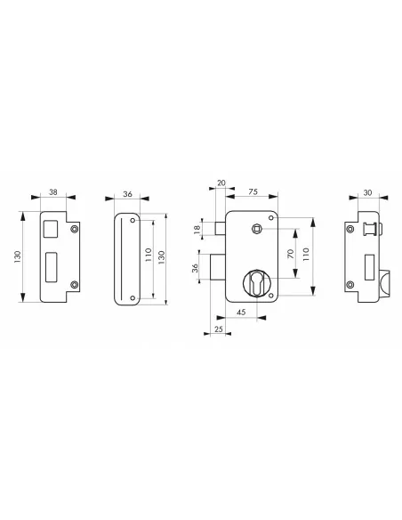 Boîtier à cylindre profilé 75x130 mm gauche