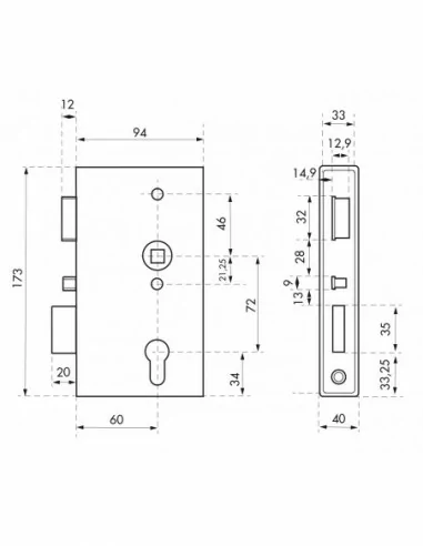 Boîtier serrure l40mm avec coffre pour portail - droite Boîtier serrure l40mm avec coffre pour portail - droite