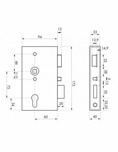 Boîtier serrure l40mm avec coffre pour portail - gauche Boîtier serrure l40mm avec coffre pour portail - gauche