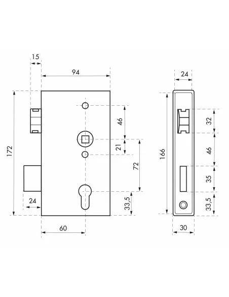 Boîtier serrure portail l30mm avec coffre pour tube 30