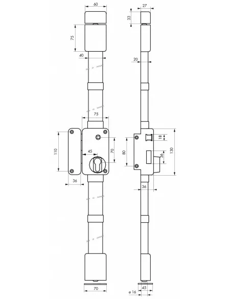 Boîtier de serrure beluga cp marron à fouillot 75 x 130 mm gauche