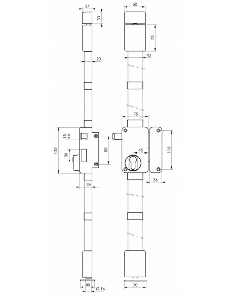 Boîtier de serrure beluga cp marron à tirage 75 x 130 mm droite