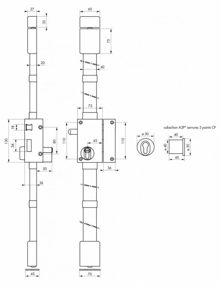 Serrure multipoint à appliquer targa bronze cp transit 2 à tirage 75 x 130 mm droite 4 clés