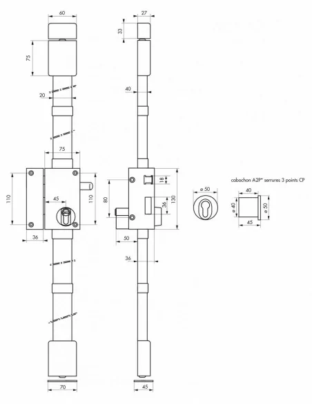 Serrure multipoint à appliquer targa bronze cp transit 2 à tirage 75 x 130 mm gauche 4 clés