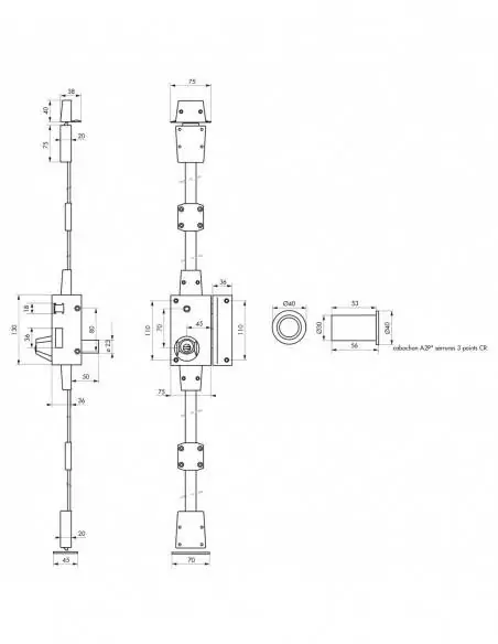 Serrure multipoint à appliquer verti bronze cr Ø 23 à transit 2 à fouillot 75 x 130 droite 4 clés