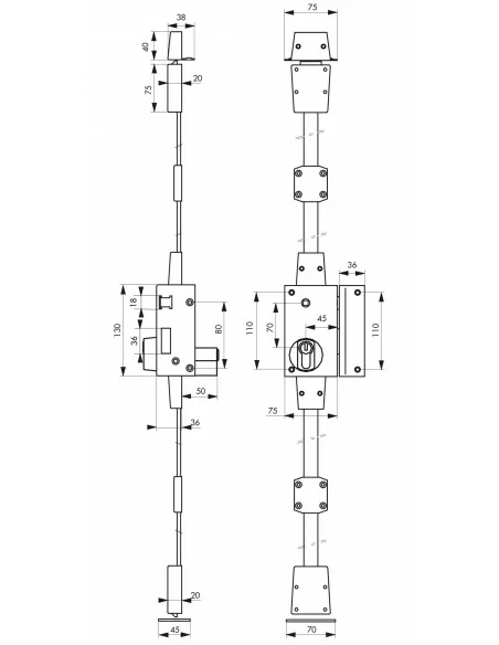 Serrure verti bronze cp à fouillot 75 x 130 mm droite 4 clés