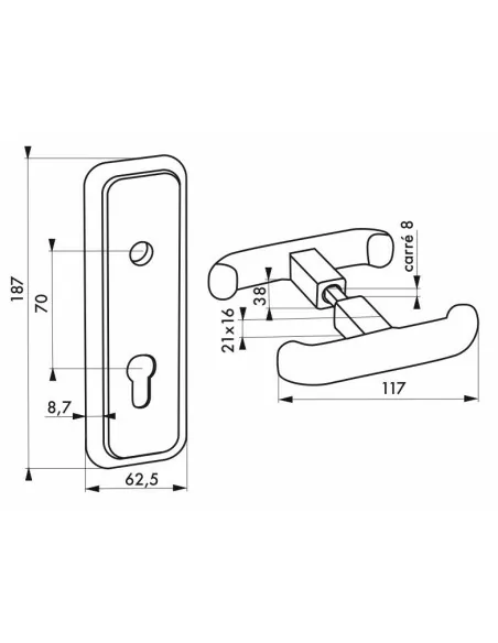 Poignee et plaque de propreté e70 pour porte basculante carré 8 mm pour réf. 096562