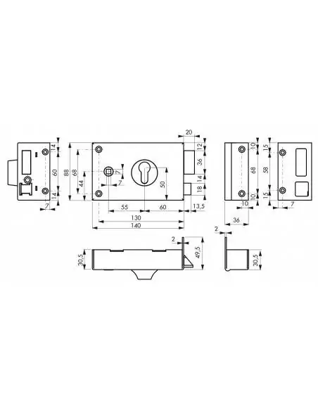 Serrure en applique pour porte d'entrée cp à fouillot 140 x 88 mm droite