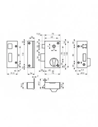 Serrure en applique pour porte d'entrée cp à fouillot 175 x 130 mm gauche Serrure en applique pour porte d'entrée cp à fouillot 175 x 130 mm gauche