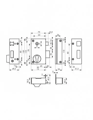 Serrure en applique pour porte d'entrée cp à fouillot 75 x 130 mm droite Serrure en applique pour porte d'entrée cp à fouillot 75 x 130 mm droite