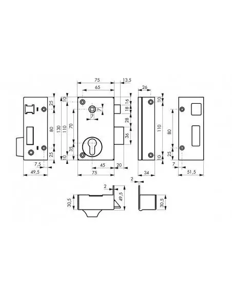 Serrure en applique pour porte d'entrée cp à fouillot 75 x 130 mm droite