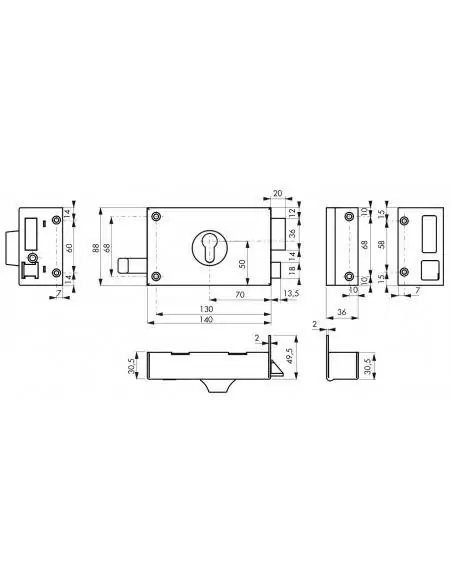 Serrure en applique pour porte d'entrée cp à tirage 140 x 88 mm droite