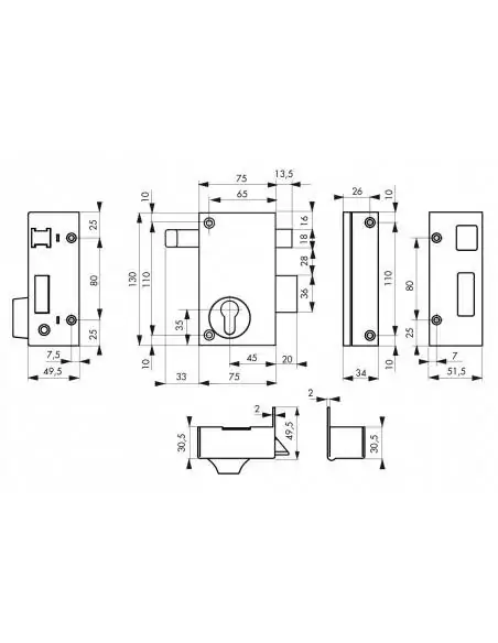 Serrure en applique pour porte d'entrée cp à tirage 75 x 130 mm droite