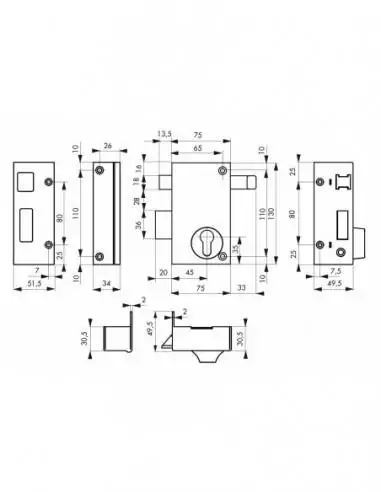 Serrure en applique pour porte d'entrée cp à tirage 75 x 130 mm gauche Serrure en applique pour porte d'entrée cp à tirage 75 x 130 mm gauche