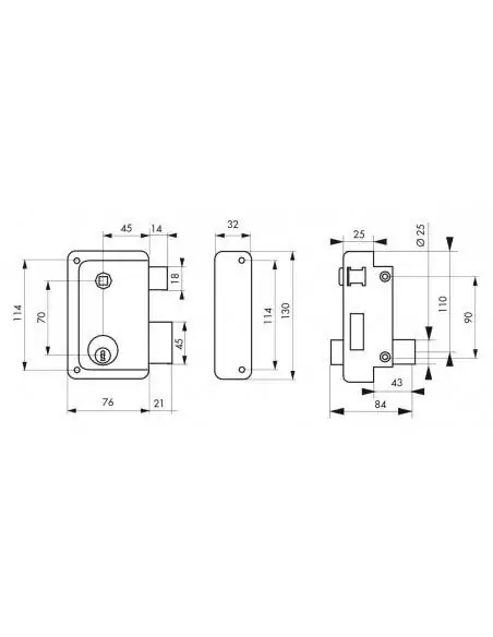 Serrure en applique pour porte d'entrée DC 45 mm HG5 à fouillot droite