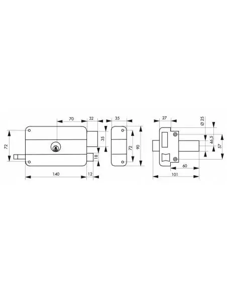 Serrure en applique HG5 à tirage, droite - Cylindre laiton 60mm, 140x90mm, 3 clés - THIRARD