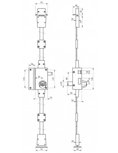 Serrure en applique pour porte d'entrée bronze CR TRANSIT 2 à tirage 75 x 130 mm gauche 4 clés