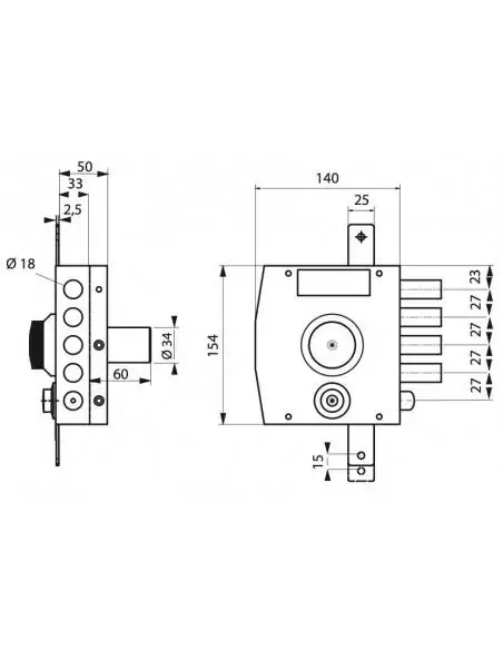 Serrure en applique pour porte d'entrée 3 points à bouton et cr t2 1/2 tour droite