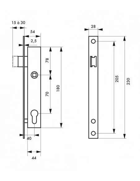 Serrure mono-point à encastrer avec clé L - axe 40mm et carré 7mm