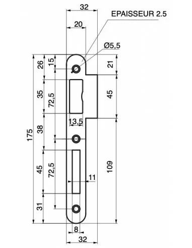 Gâche acier pour serrure norme nf à pêne dormant â½ tour Gâche acier pour serrure norme nf à pêne dormant â½ tour