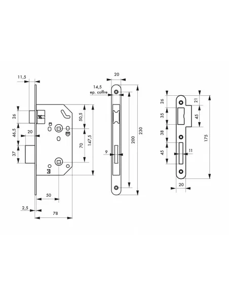 Serrure encastrable pour porte d'intérieur Monomax nf têtère acier laitonné