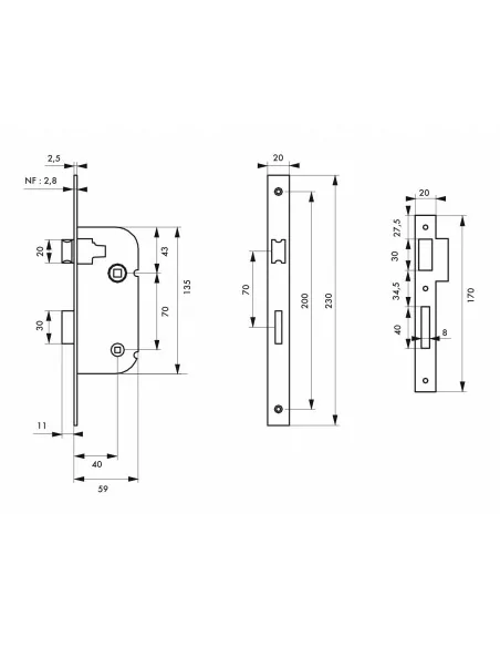 Serrure encastrable pour porte d'intérieur nf v/bc