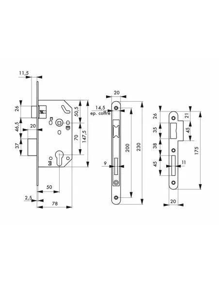 Serrure encastrable pour porte d'entrée monomax nf têtère acier laitonné