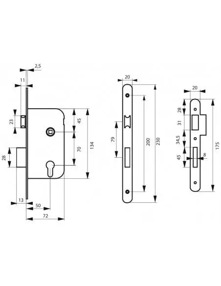 Serrure encastrable pour porte d'entrée axe à 50 mm, coffre épaisseur 10 mm à cylindre v/br