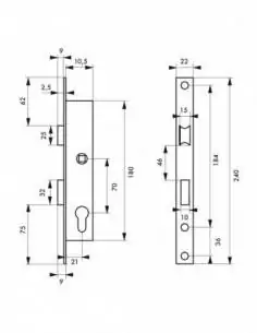 Serrure encastrable pour porte d'entrée panneton réduit axe 10,5l 21 mm e 70 réversible 2