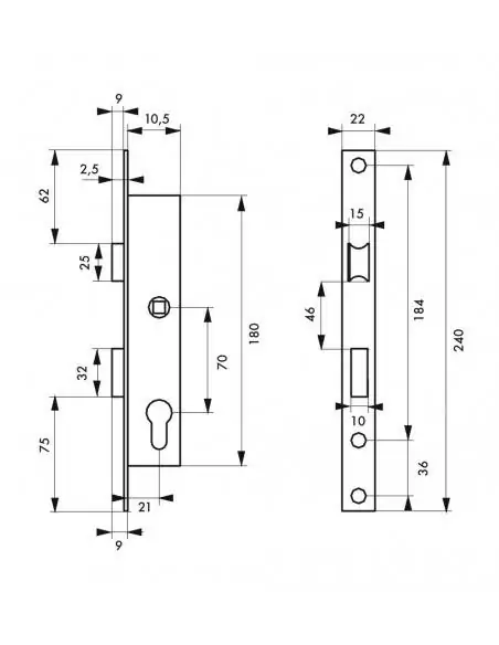 Serrure encastrable pour porte d'entrée panneton réduit axe 10,5l 21 mm e 70 réversible