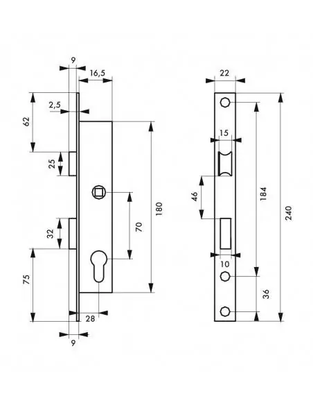 Serrure encastrable pour porte d'entrée panneton réduit axe 16,5 l 28mm e70 réversible