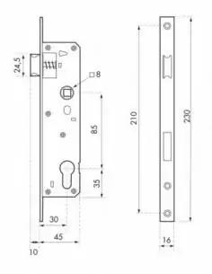 Serrure encastrable pour porte d'entrée a30 ea85mm t16 2