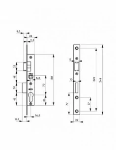 Serrure encastrable pour porte d'entrée axe 16,5 l 28 entr'axe 70