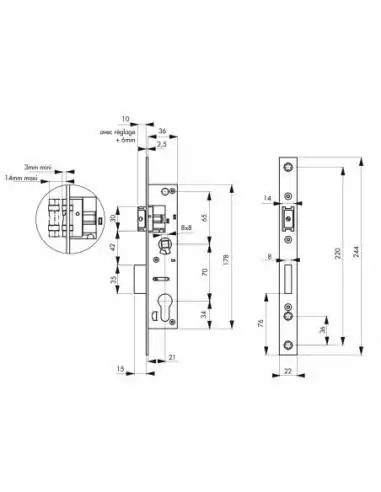 Serrure encastrable pour porte d'entrée axe 21 l 36 Serrure encastrable pour porte d'entrée axe 21 l 36