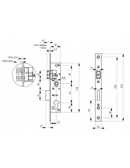 Serrure encastrable pour porte d'entrée axe 21 l 36