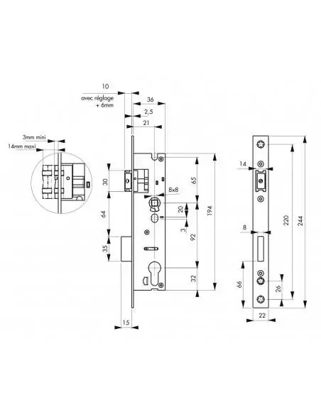 Serrure encastrable pour porte d'entrée axe 21 l 36 entr'axe 92