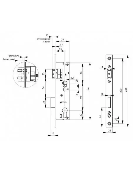 Serrure encastrable pour porte d'entrée axe 24 l 39