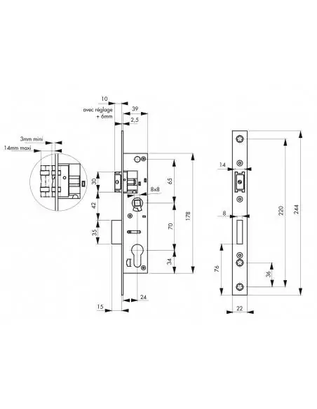 Serrure encastrable pour porte d'entrée axe 24 l 39