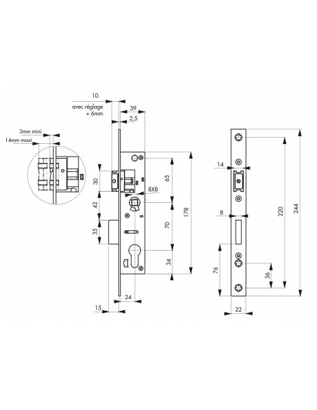 Boîtier serrure à cylindre axe 24 l 39 entr'axe 70