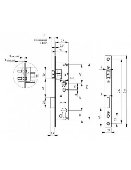 Serrure encastrable pour porte d'entrée axe 24 l 39 entr'axe 92