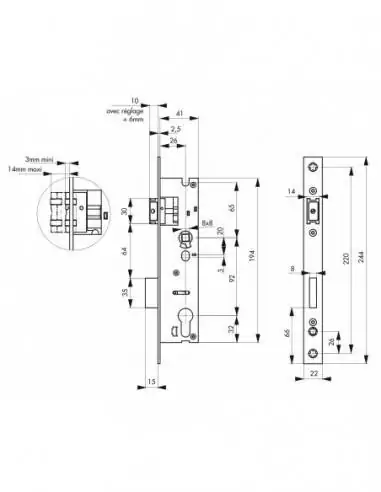 Serrure encastrable pour porte d'entrée axe 26 l 41 Serrure encastrable pour porte d'entrée axe 26 l 41