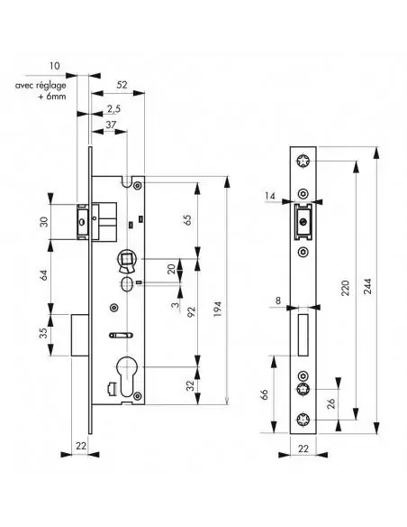 Serrure encastrable pour porte d'entrée axe 37 l 52 entr'axe 92