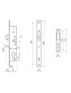 Serrure encastrable pour porte d'entrée à cylindre, à crochet a20 e70 l36 2