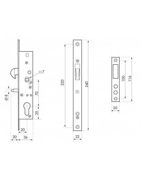 Serrure encastrable pour porte d'entrée à cylindre, à crochet a20 e70 l36