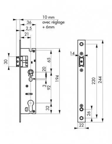 Serrure encastrable pour porte d'entrée bec de cane axe 21 l 36 Serrure encastrable pour porte d'entrée bec de cane axe 21 l 36