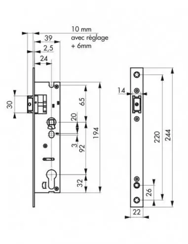 Serrure encastrable pour porte d'entrée bec de cane axe 24 l 39 Serrure encastrable pour porte d'entrée bec de cane axe 24 l 39