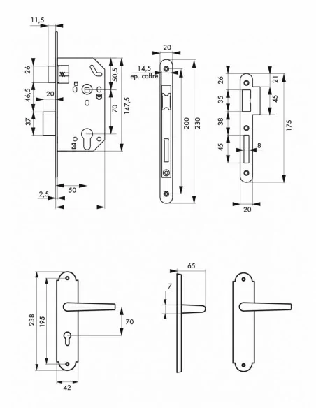 Garniture monomax axe 50 à cylindre 3 clés v/br + ensemble charon