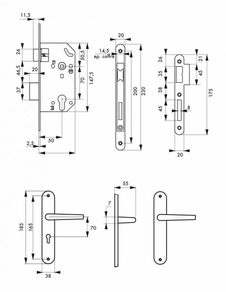 Garniture monomax axe 50 à cylindre 3 clés v/br + ensemble leto